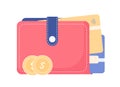 Red wallet, with money and bank cards. Design elements