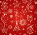 Red wallpaper for winter holiday with hanging golden baubles Royalty Free Stock Photo