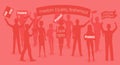 Red warm vector illustration of protesters. People demonstration, protest, revolution and conflict in city.