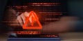 Red warning exclamation icon over binary code background, symbolizing cyber attack alert, system error, malware threat, hacking Royalty Free Stock Photo