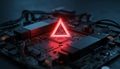 Red warning symbol glowing on modern circuit board Royalty Free Stock Photo