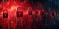 Red warning symbols emerging from a digital stream of binary code, representing a data breach Royalty Free Stock Photo