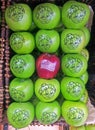 Red Washington apple among green granny smith apples