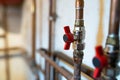 Red water flow valves on copper plumbing close up shot