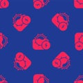 Red Water mill icon isolated seamless pattern on blue background. Water wheel energy. Hydro power turbine wheel. Vector