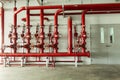 Red water pipe valve,pipe for water piping system control and Fire control system in industrial building or business building Royalty Free Stock Photo