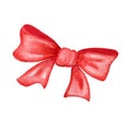 Red watercolor bow isolated on a white background. Cute Christmas, New year or Valentine element for greeting cards, textile,