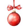 Red watercolor Christmas ball with ribbon and a bow, isolated on background. Generative AI