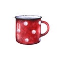 Red watercolor enamel polka dot mug cup. on white background. Retro vintage style. Metal cute cup