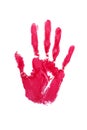 Red watercolor print of human hand on white background isolated close up, handprint illustration, colorful palm and fingers Royalty Free Stock Photo