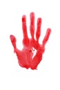 Red watercolor print of human hand on white background isolated close up, handprint illustration, colorful palm and fingers Royalty Free Stock Photo