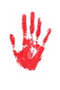 Red watercolor print of human hand on white background isolated close up, handprint illustration, colorful palm and fingers Royalty Free Stock Photo