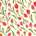 Red watercolor tulips seamless pattern