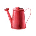 Red watering can isolated on white background. Watercolor illustration, handdrawn clipart. Royalty Free Stock Photo