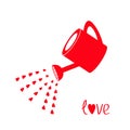 Red watering can with red hearts water drops. Love greeting card. Royalty Free Stock Photo