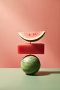 Red watermelon as an abstract balancing act, generative AI content