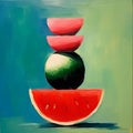 Red watermelon as an abstract balancing act, generative AI content