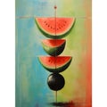 Red watermelon as an abstract balancing act, generative AI content