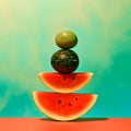 Red watermelon as an abstract balancing act, generative AI content