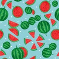 Red watermelon as seamless pattern painting on blue background with dots