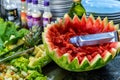 red watermelon and fruit salads on the buffet table