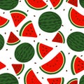 Red watermelon full slices and seeds flat vector illustration seamless pattern Royalty Free Stock Photo