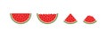 Red watermelon. Half, quarter and slice of watermelon. Cartoon icon of water melon. Cut of piece of fruit. Summer plant isolated