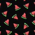 Red Watermelon illustration. Summer fruit seamless pattern sweet texture. Season food black background Colorful kids print t shirt Royalty Free Stock Photo
