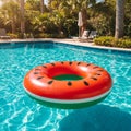 Red Watermelon Inflatable Pool Float in a Blue Pool Royalty Free Stock Photo
