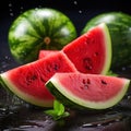 Red watermelon slices close-up against the background of whole watermelons. Bright botanical background Royalty Free Stock Photo