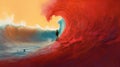 Red Wave Painting: Imagining a Waterless Universe with Distorted Figures and Naturalistic Ocean Waves, Generative AI