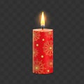 Red wax candle with gold ornament snowflakes