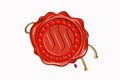 Red wax seal with copy space on a white background. Icon seal wax realistic stamp with rope and digital cryptocurrency logo: Steem