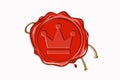 Red wax seal with copy space on a white background. Icon seal wax realistic stamp with rope and sign: crown Royalty Free Stock Photo