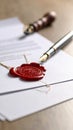 Red wax seal on official document with fountain pen and stamp Royalty Free Stock Photo