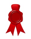 Red wax seal with ribbon isolated on white. Vector eps-10. Royalty Free Stock Photo