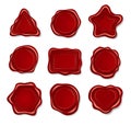 Red wax stamp, vintage embossed envelope seal in various shapes. Realistic sealing postage labels, ancient scroll wax