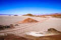 Road across salt flats in the high altitude desert of Salta`s puna region in Argentina Royalty Free Stock Photo