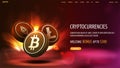 Red web banner with interface elements, Bitcoin, Litecoin and Ethereum 3D coins