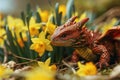 Red Welsh dragon in yellow daffodil flowers, greeting card for St David's Day Holiday celebration in Wales, UK.