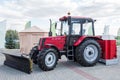 Red wheeled tractor with mouldboard at agricultural fair Royalty Free Stock Photo