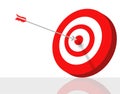 A red and white arrow is stuck into the bullseye of a red and white striped circular target