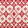 Red And White Aztec Pattern Rug: Conceptual Embroideries And Detailed Background Elements