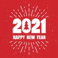 Red and white background with 2021, christmas fir tree, firework. Decorative backdrop. Happy New Year, colorful greeting card Royalty Free Stock Photo