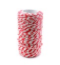 Red and white baker`s twine spool for packaging mail box isolate