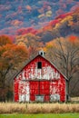 Red and white barn with cupola sits in front of forest of trees with multi-colored leaves creating idyllic scene Royalty Free Stock Photo