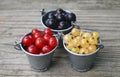 Red, white and black currant in a small buckets on a rustic wooden background.Ripe summer berry,garden berries. Royalty Free Stock Photo