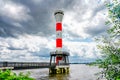 Red and white Blankenese lighthouse near Hamburg. Historic lighthouse on the Elbe