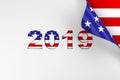 2019 in red white and blue American flag colors page turn background. 3d render