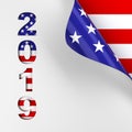 2019 in red white and blue American flag colors page turn background. 3d render